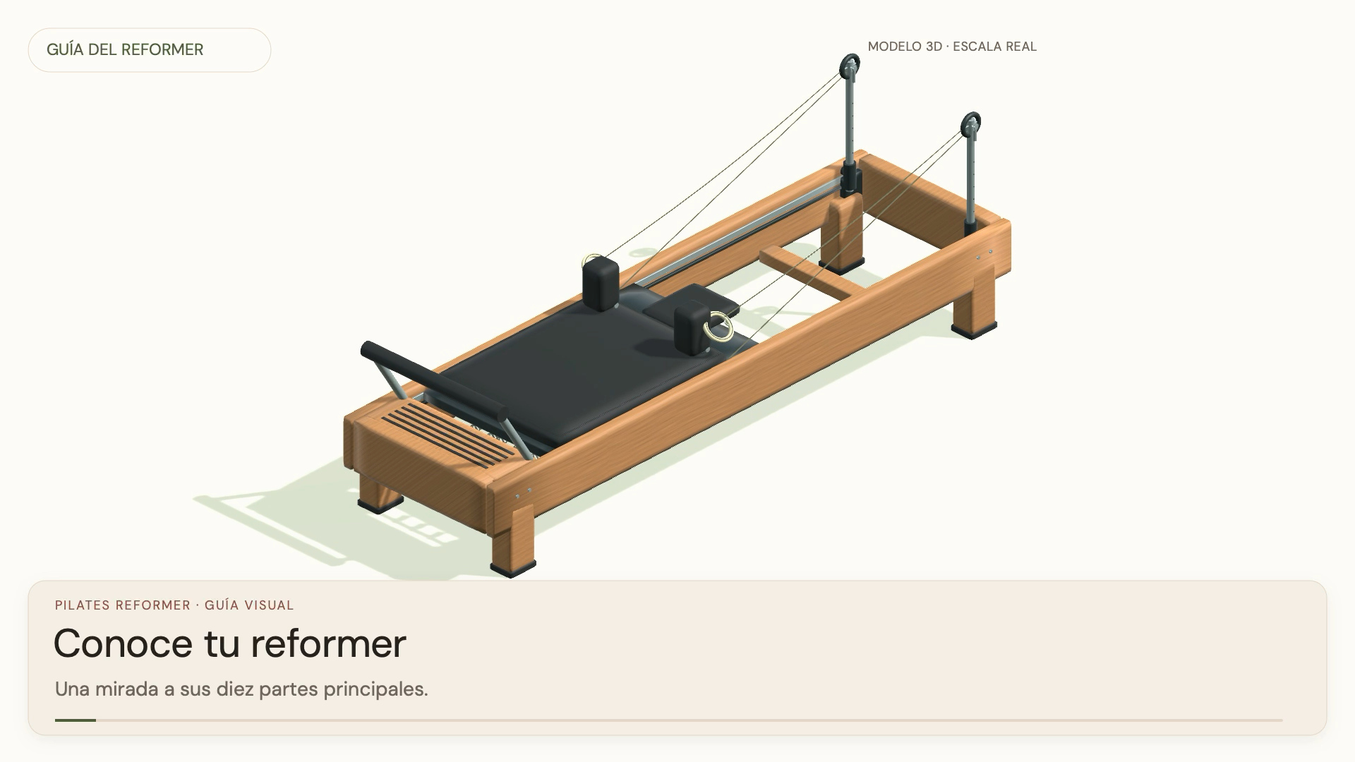 Vista completa de un Reformer de madera con carro, barra, resortes, cuerdas y poleas